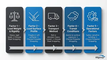 Five-factor decision framework for choosing steel versus polyester strapping