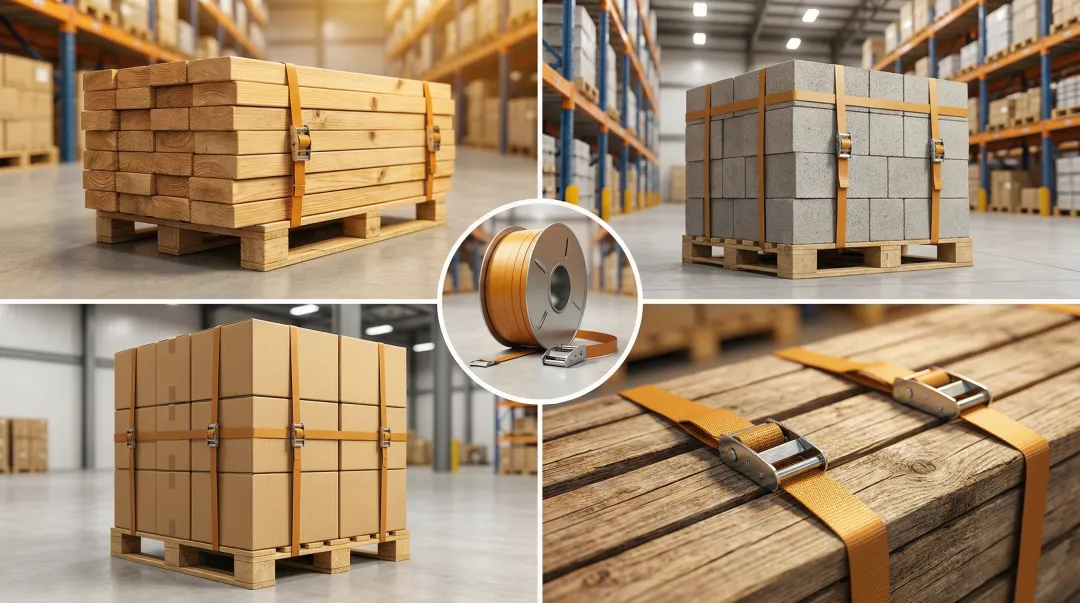 Polyester PET strapping securing lumber bundles on pallets in warehouse