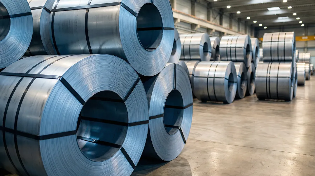 Steel strapping securing heavy industrial metal coils on railroad flatcar