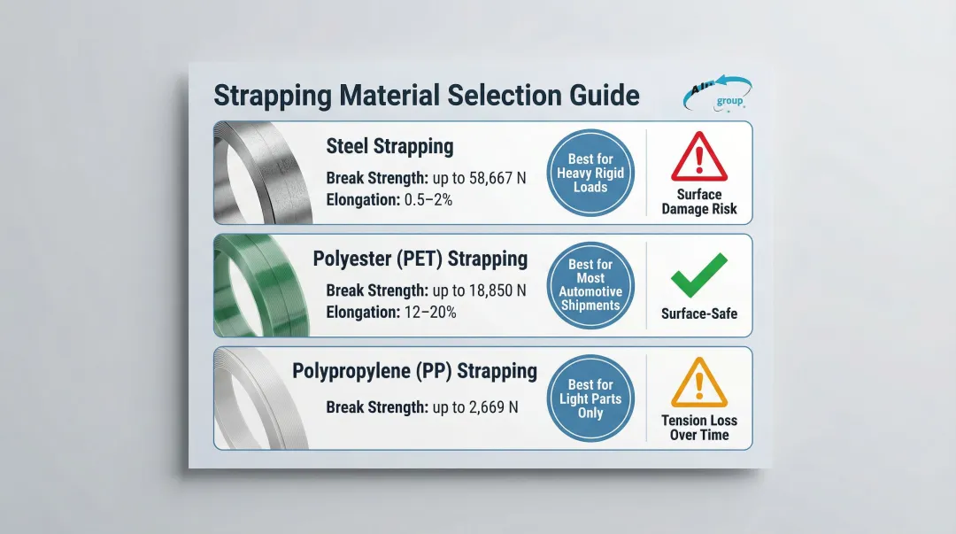 Strapping material selection guide steel polyester polypropylene automotive load comparison