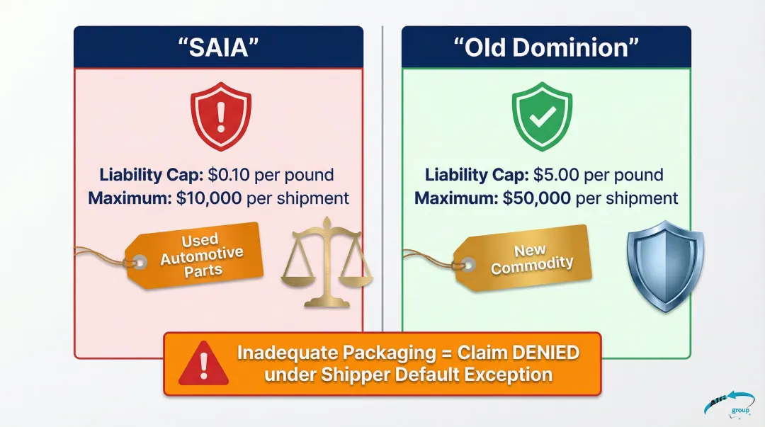 Carrier liability limits comparison SAIA versus Old Dominion automotive parts shipping