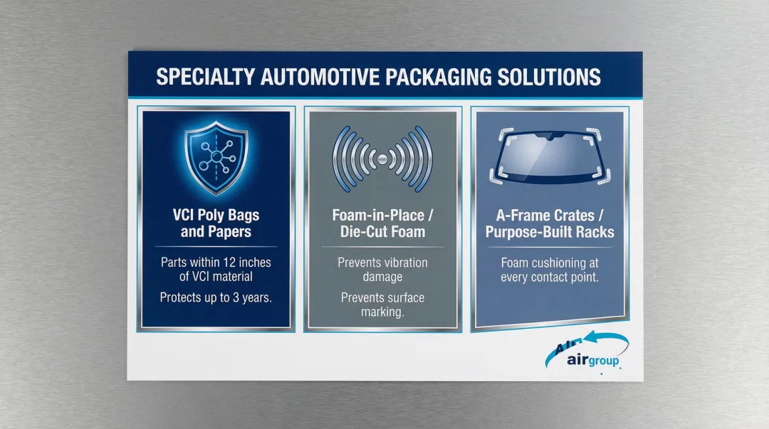 Three specialty automotive packaging types VCI foam and A-frame crates comparison chart