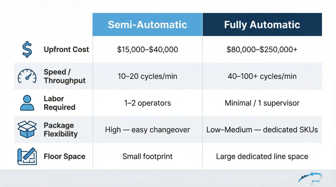 Semi-automatic versus fully automatic strapping machine five-factor comparison chart