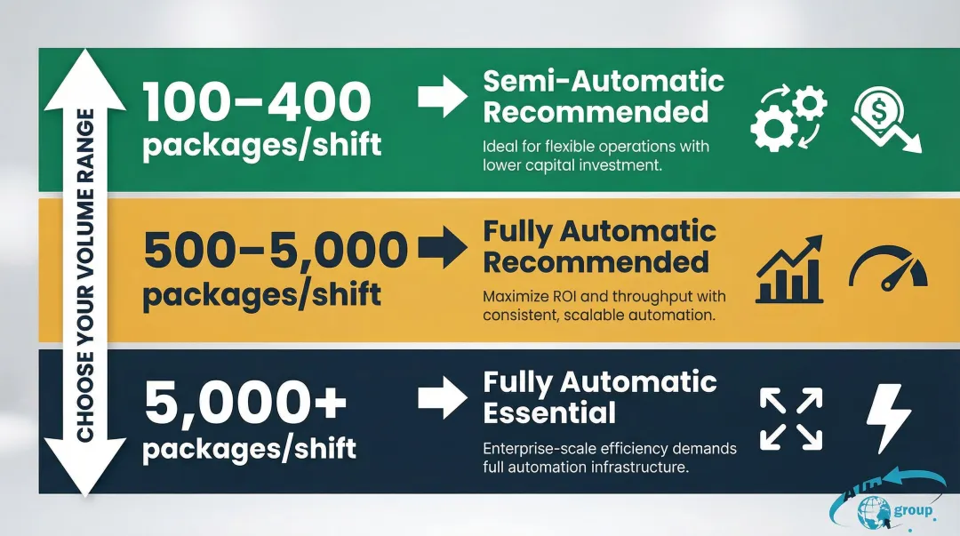 Three-tier strapping machine volume decision framework by daily package shift volume