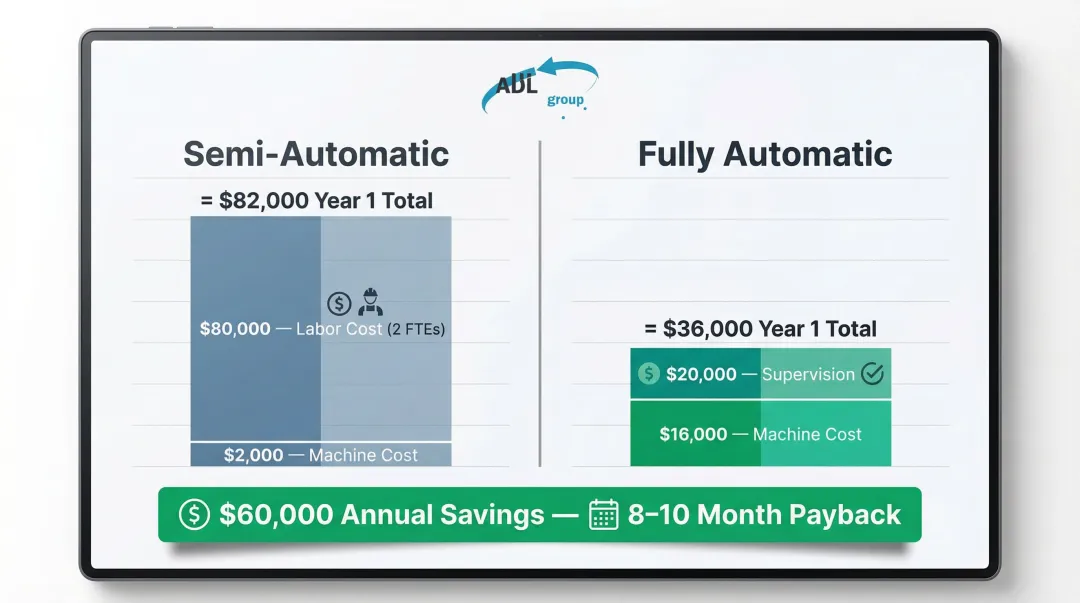 Strapping machine ROI comparison showing annual labor cost savings and payback period