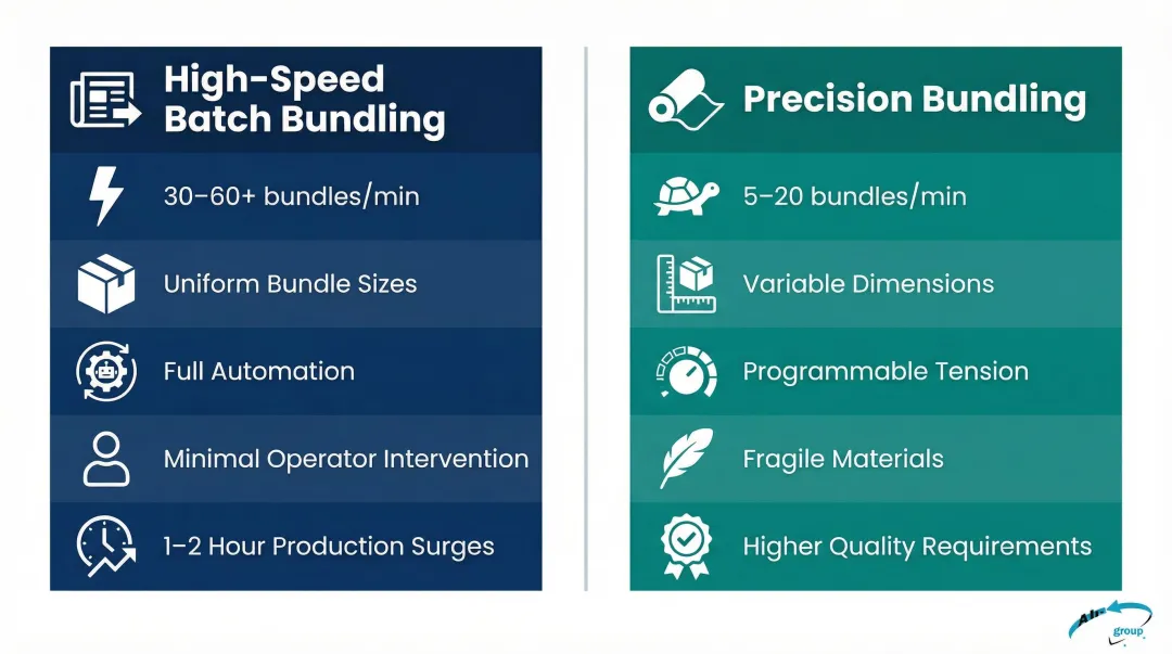 High-speed newspaper bundling versus precision graphics bundling side-by-side comparison infographic