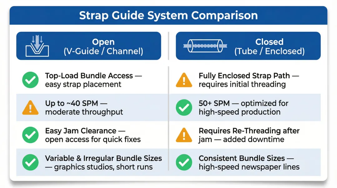 Open versus closed strap guide systems feature comparison table for strapping machines