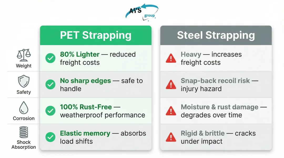 PET strapping versus steel strapping four-factor comparison infographic