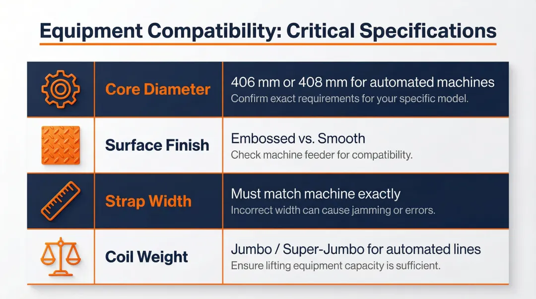 four critical PET strapping equipment compatibility specifications checklist infographic