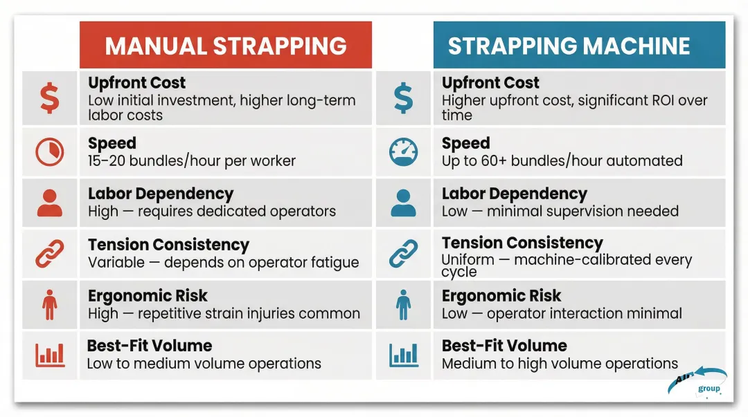 Manual strapping versus strapping machine side-by-side comparison infographic