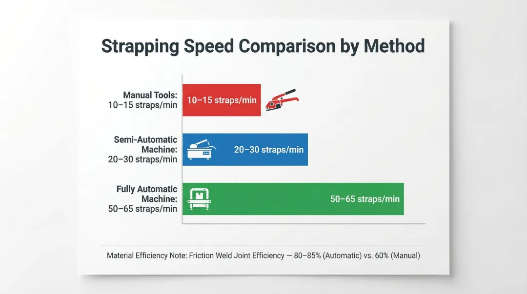 Strapping speed comparison manual semi-automatic and fully automatic machines per minute