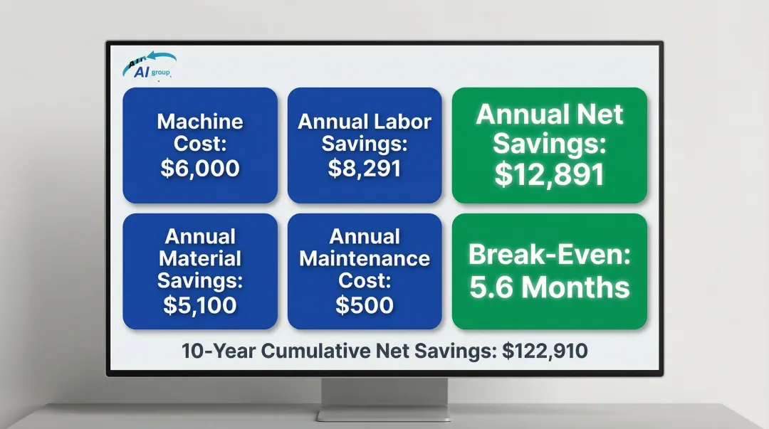 Strapping machine ROI break-even analysis worked example summary results table