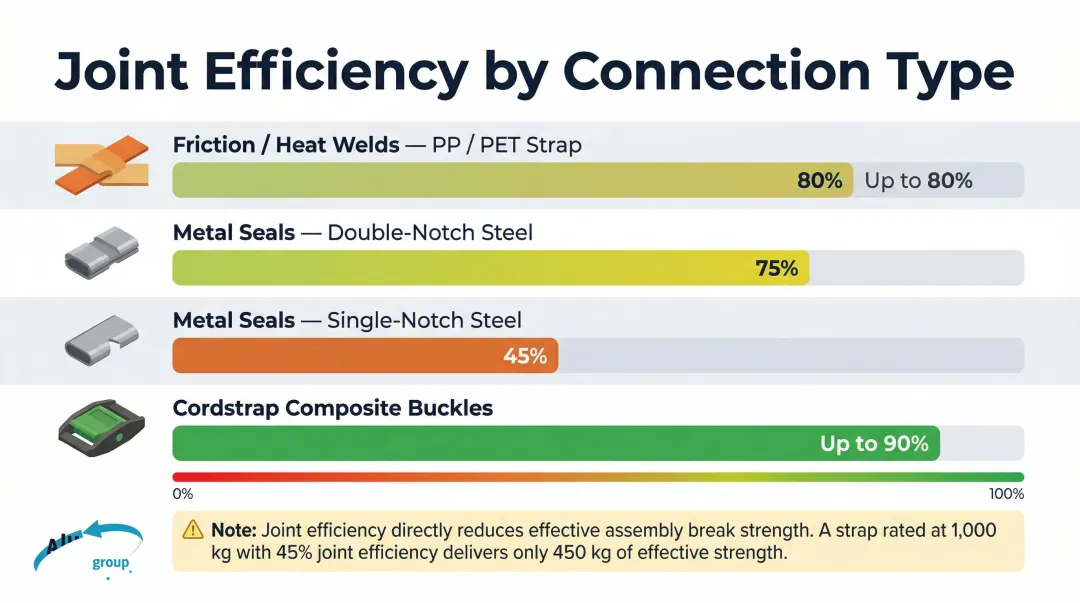 Strap connection joint efficiency comparison by connection type percentage infographic