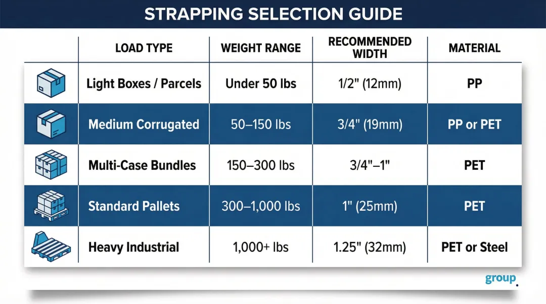 Strapping width selection quick reference chart by load type weight and material