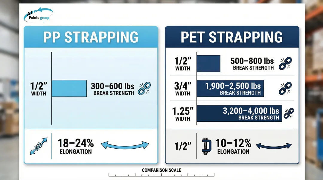 PP versus PET strapping break strength comparison by width with elongation data