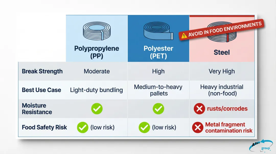 Polypropylene polyester and steel strapping food safety comparison chart for warehouses