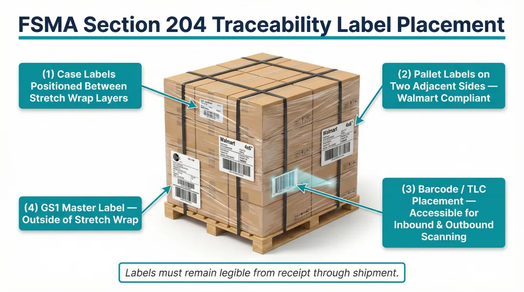 FSMA traceability label placement guide for stretch wrapped and strapped pallets