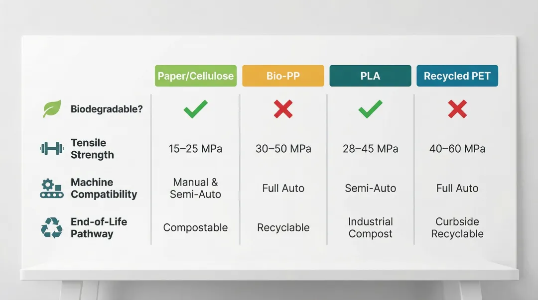 Four strapping material types comparison chart biodegradable tensile strength end-of-life