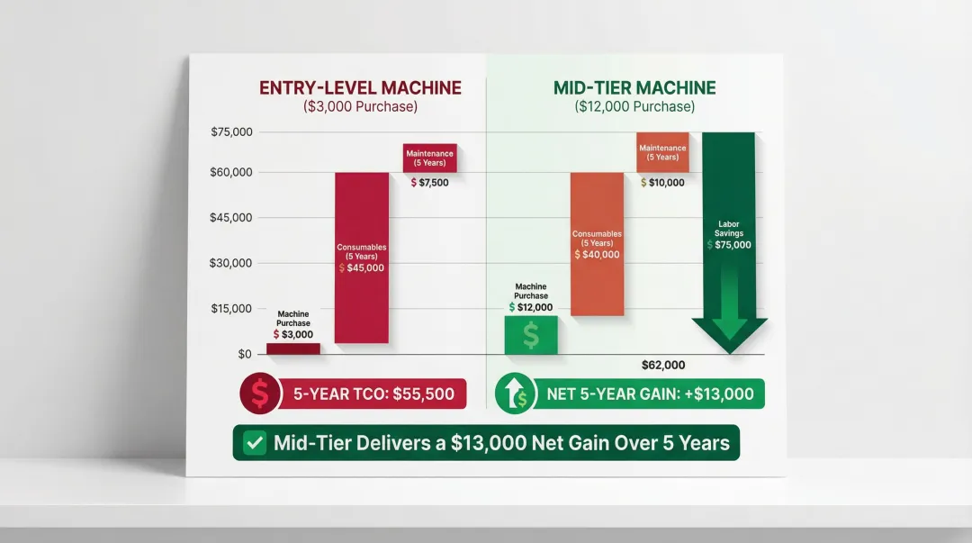 5-year total cost of ownership comparison entry-level versus mid-tier strapping machine with labor savings