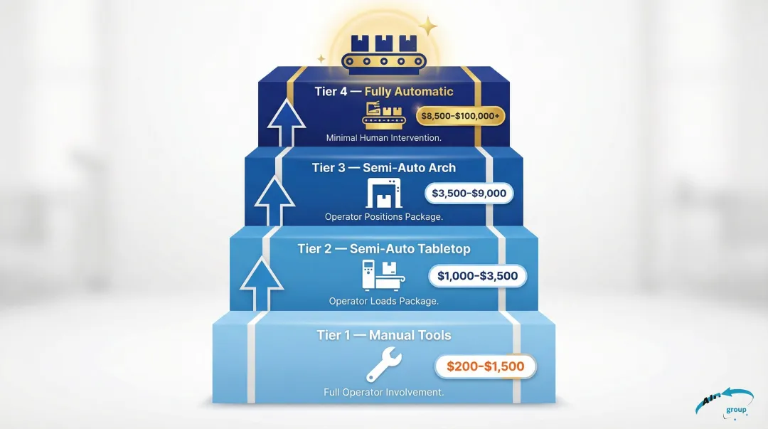 Four-tier strapping machine automation levels with price ranges and labor requirements