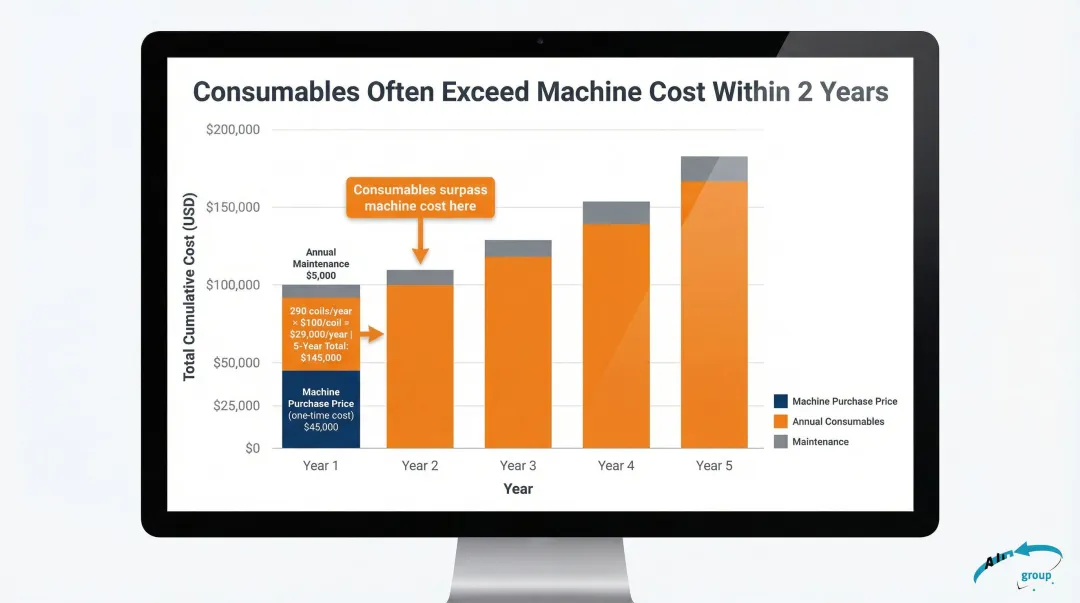 5-year strapping consumable cost breakdown for 500 boxes per day facility versus machine purchase price