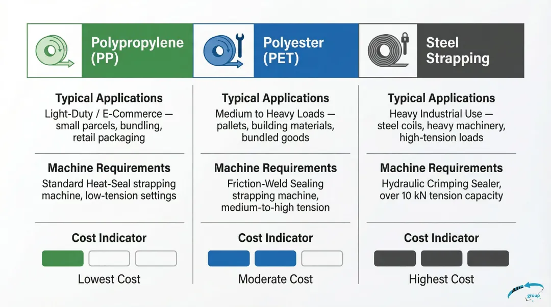 PP PET and steel strapping material comparison chart by application cost and machine requirements