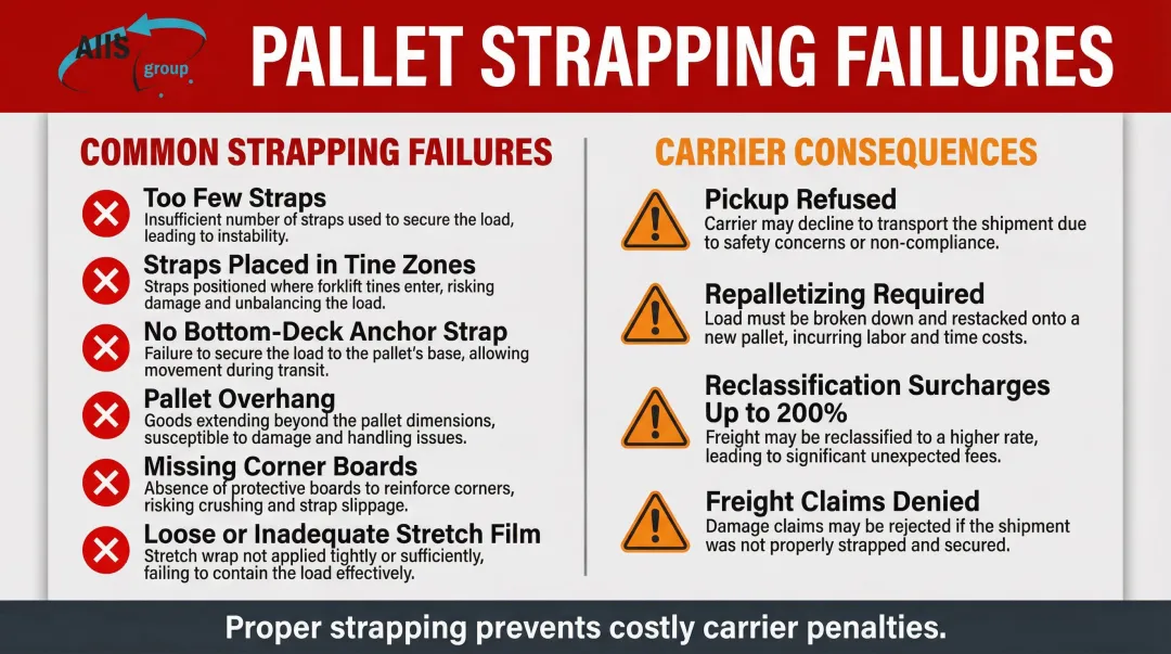 Six most common LTL pallet strapping mistakes and carrier consequences checklist