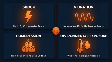 Four LTL freight transit hazard forces shock vibration compression environmental exposure