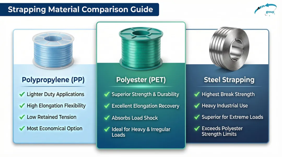 Polypropylene polyester and steel strapping comparison chart for LTL pallet freight
