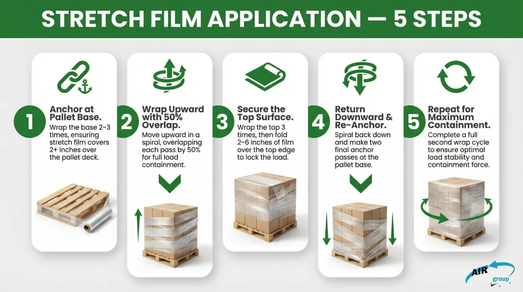 Five-step LTL pallet stretch film wrapping process correct technique infographic