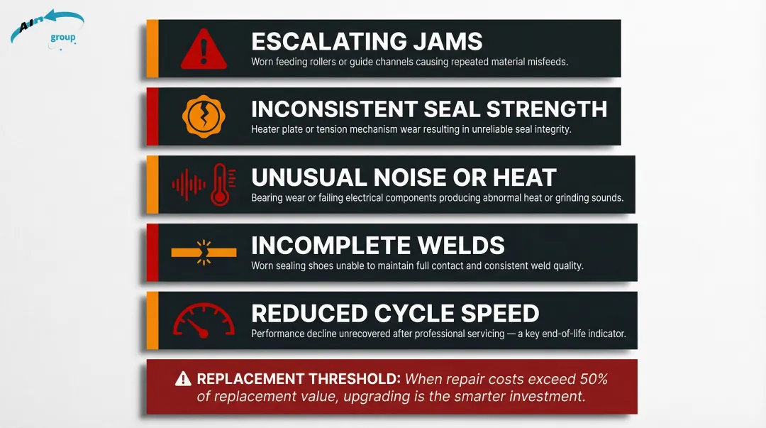 Five end-of-life warning signs for strapping machines diagnostic checklist infographic