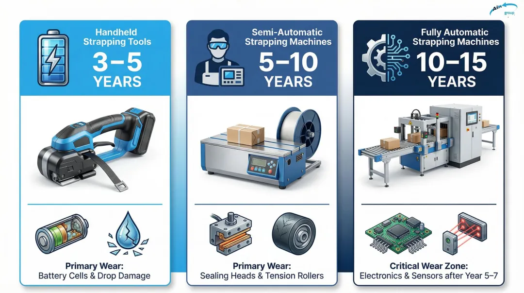Strapping machine lifespan comparison across handheld semi-automatic and fully automatic types