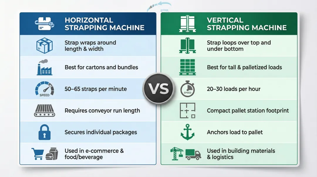 Horizontal versus vertical strapping machine side-by-side feature comparison infographic