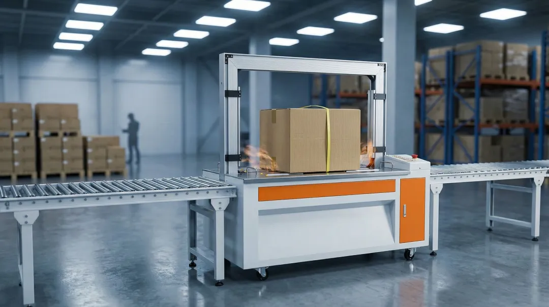 Automatic horizontal strapping machine applying strap to carton on conveyor line