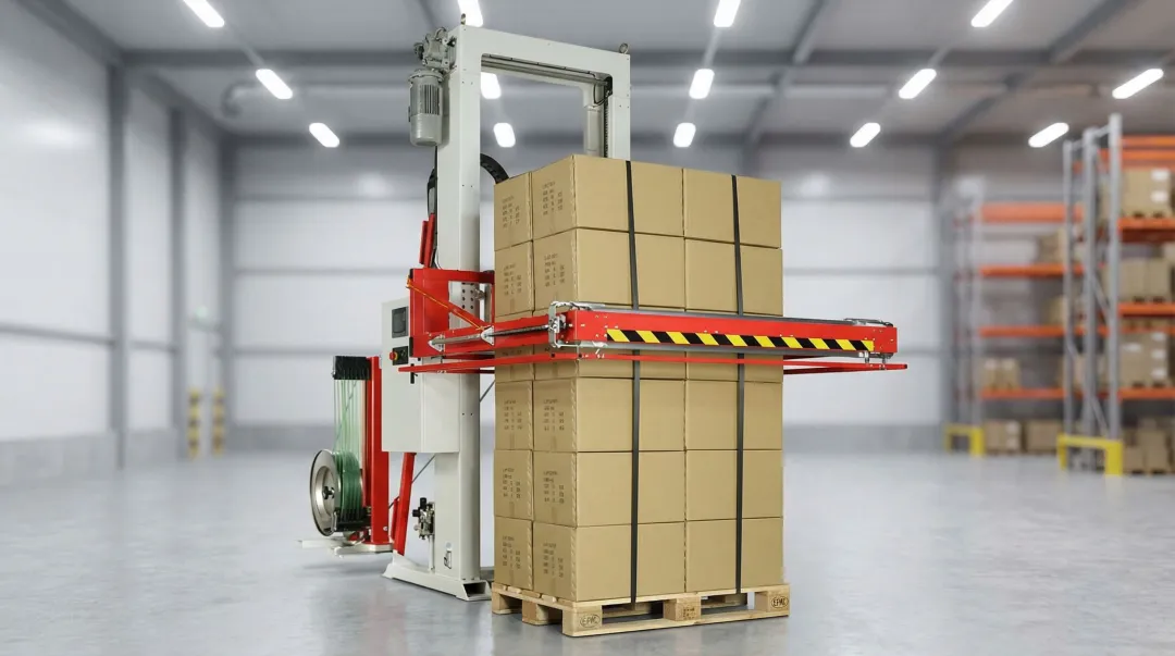 Vertical pallet strapping machine securing stacked load with PET strap