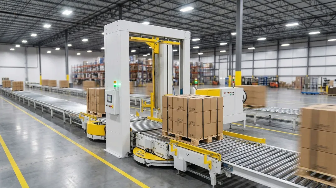 Fully-automated inline pallet strapping conveyor system in warehouse facility