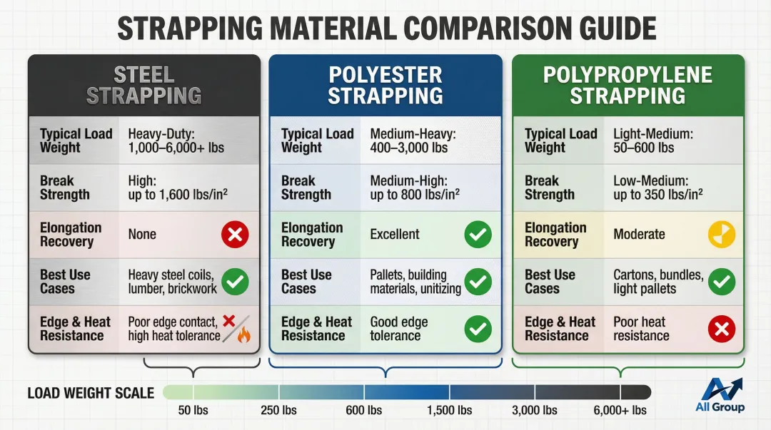 Strapping material comparison chart steel polyester polypropylene load weight ratings