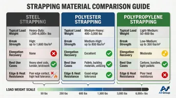 Strapping material comparison chart steel polyester polypropylene load weight ratings