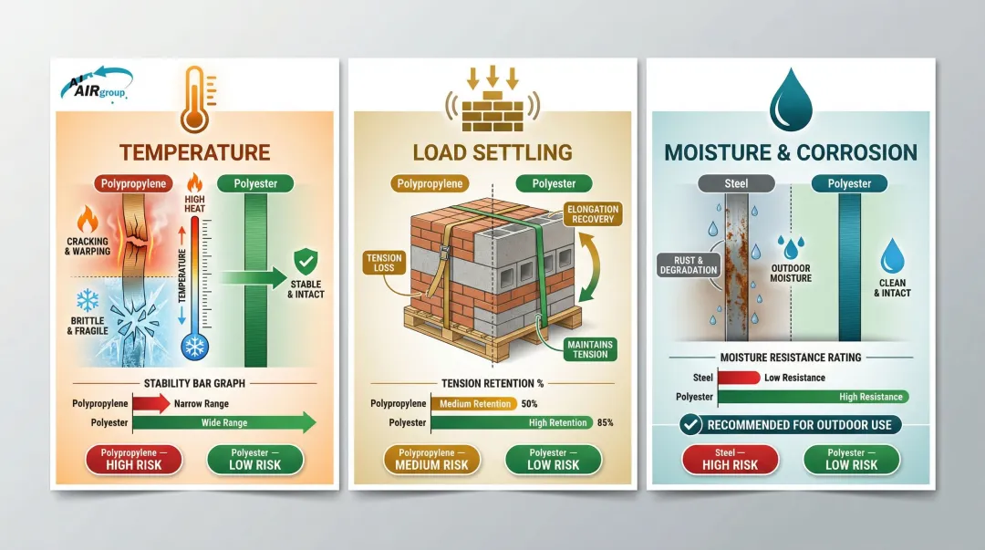 Environmental factors affecting strapping performance temperature moisture load settling comparison