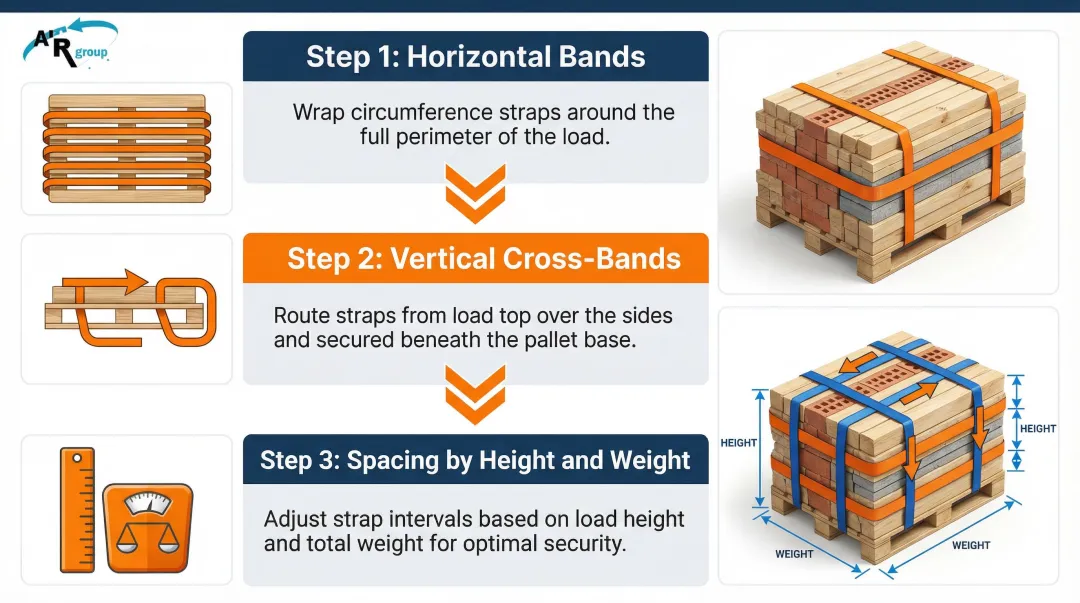 3-step palletized construction load strapping placement process flow diagram