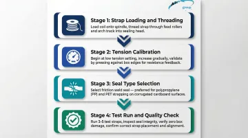 Four-step strapping machine setup process for corrugated boxes from loading to quality check
