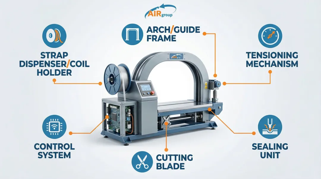 Arch strapping machine six key components anatomy diagram with labels