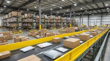 High-volume e-commerce fulfillment center conveyor line with automated strapping equipment