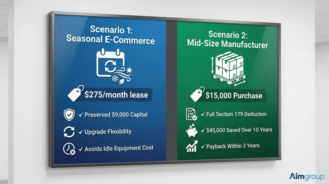 Two small business strapping machine scenarios lease versus buy decision outcomes