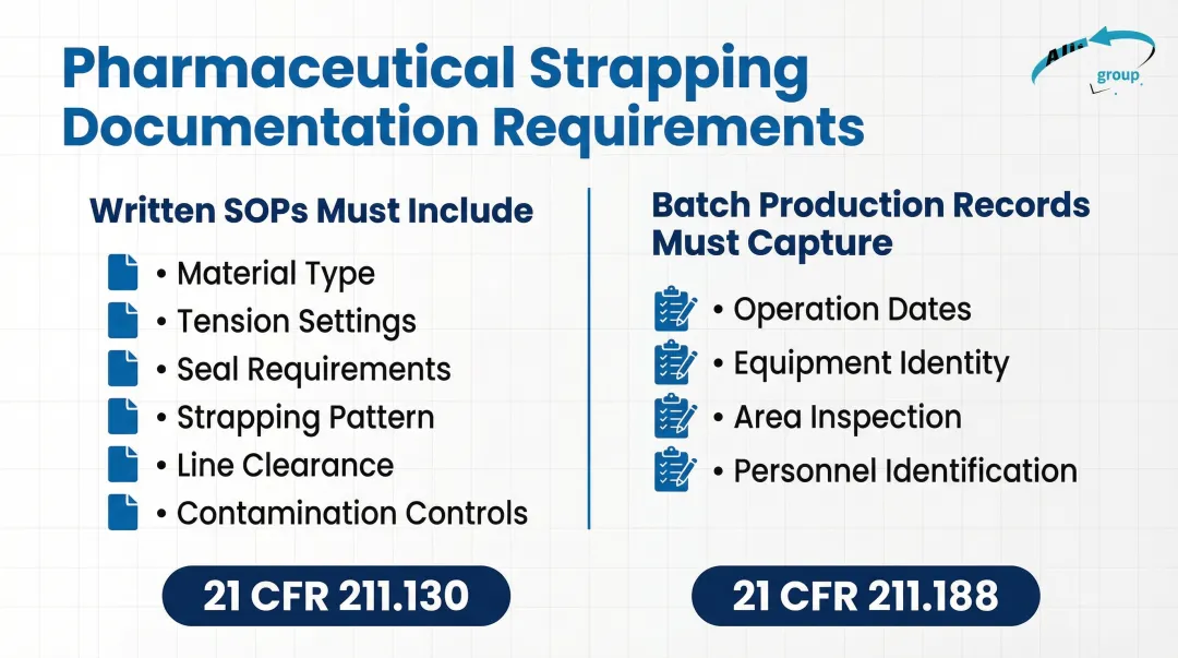 Pharmaceutical strapping documentation requirements SOP and batch record compliance checklist