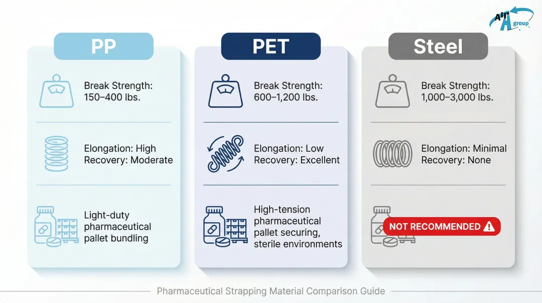 PP versus PET versus steel strapping material comparison chart for pharmaceutical use
