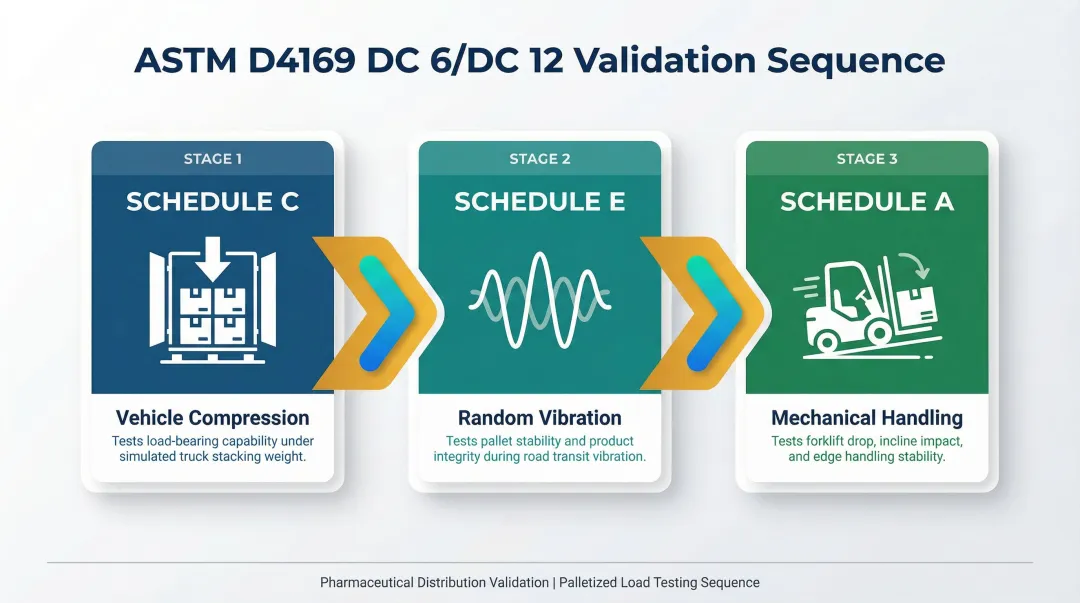 ASTM D4169 distribution test sequence three-schedule process flow for palletized pharmaceutical loads