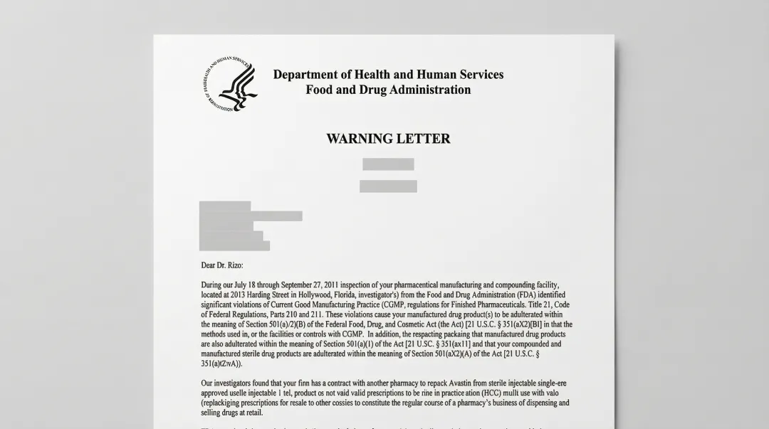 FDA warning letter document showing pharmaceutical packaging compliance violation citation
