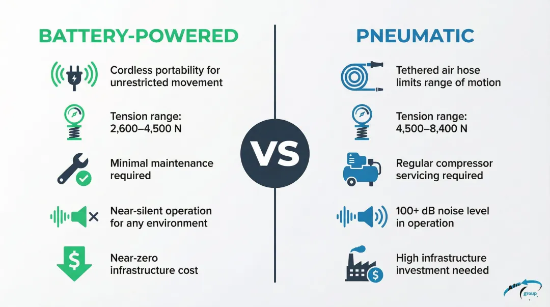Battery-powered versus pneumatic strapping tools side-by-side feature comparison infographic