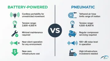 Battery-powered versus pneumatic strapping tools side-by-side feature comparison infographic